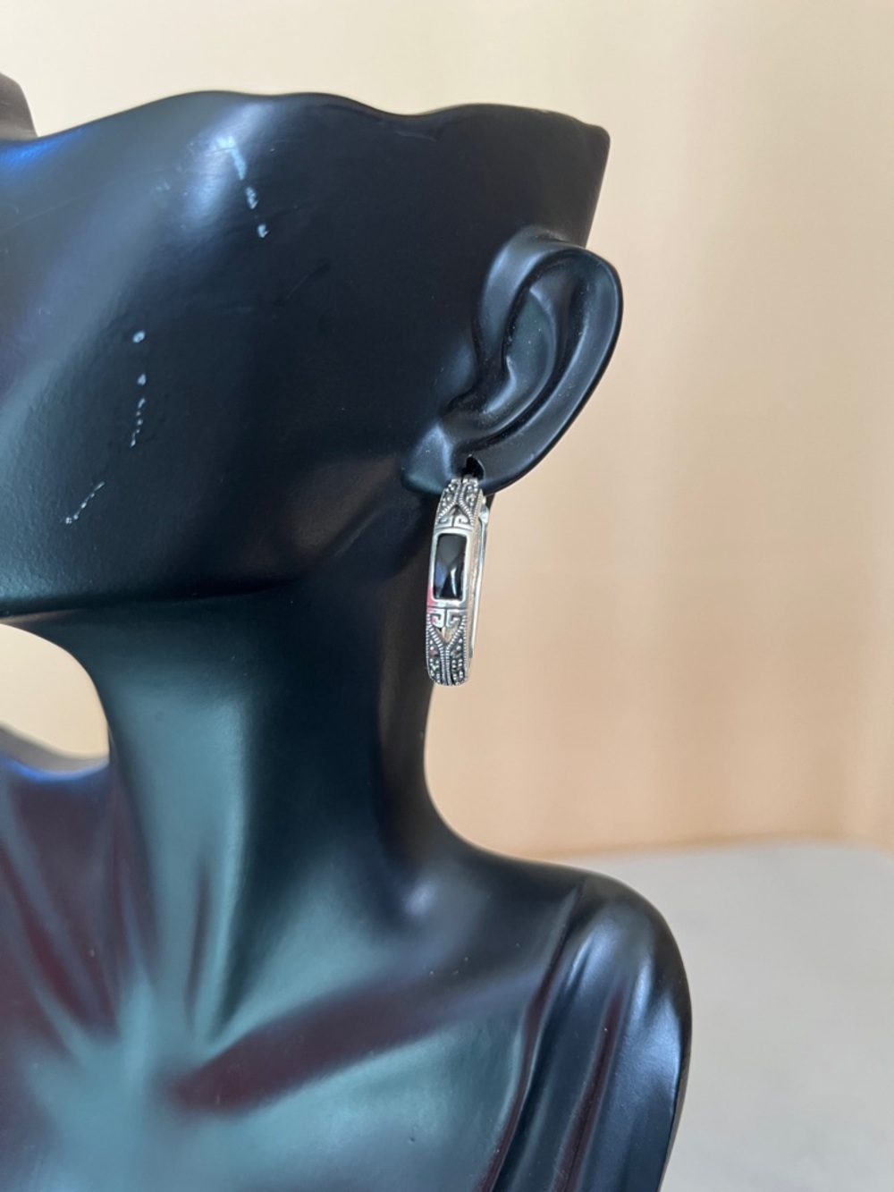 Unique Vintage Silver Hoop Earrings with Black Accents